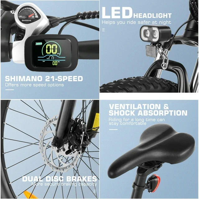 Bicicleta elétrica Funcid, bicicleta elétrica para adultos, aro 27,5, motor de 500 W, velocidade máxima de 31,8 km/h (19,8 mph), bateria de 48 V e 10,4 Ah.