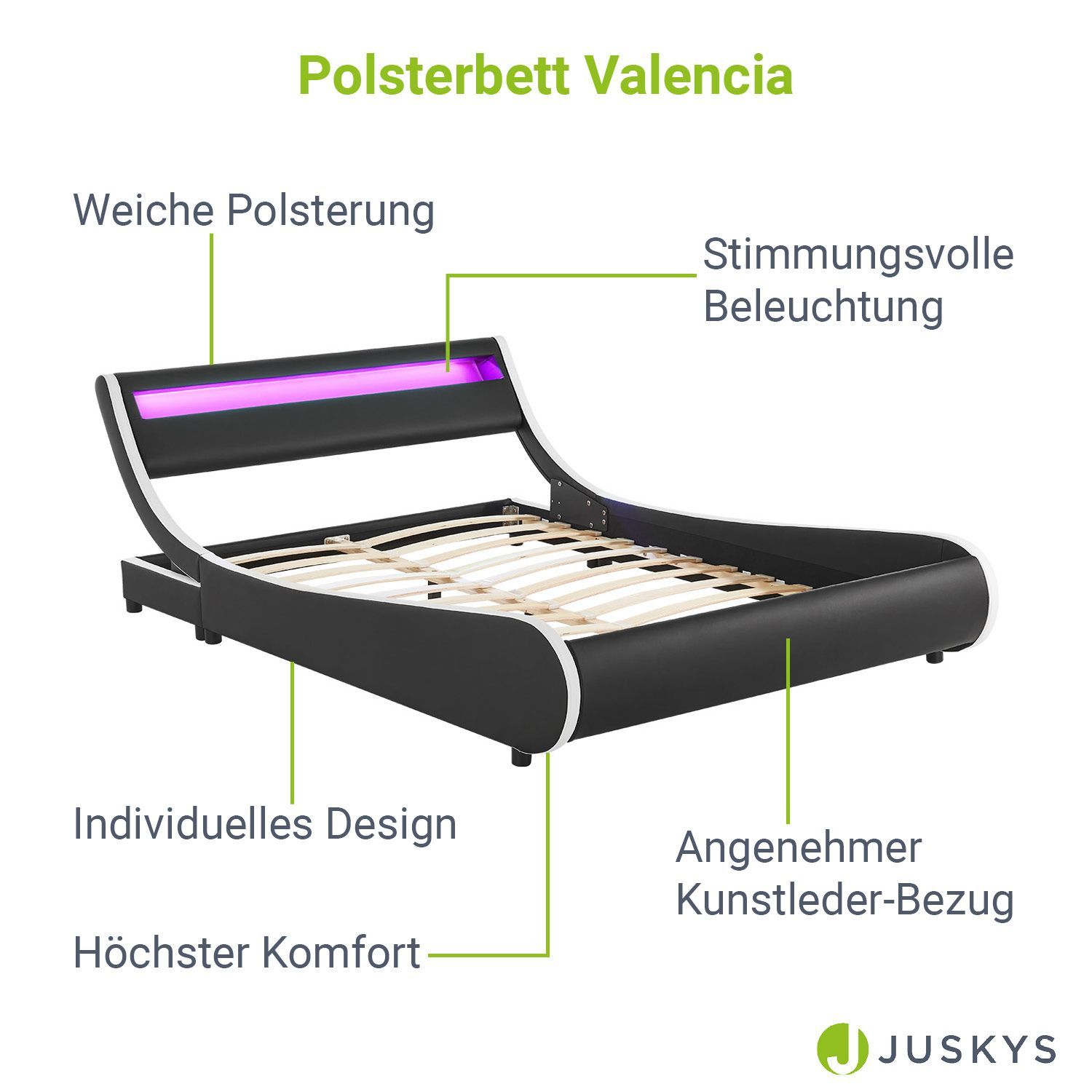 Juskys Polsterbett Bett Valencia 180 x 200 cm schwarz mit Kaltschaummatratze Doppelbett mit LED