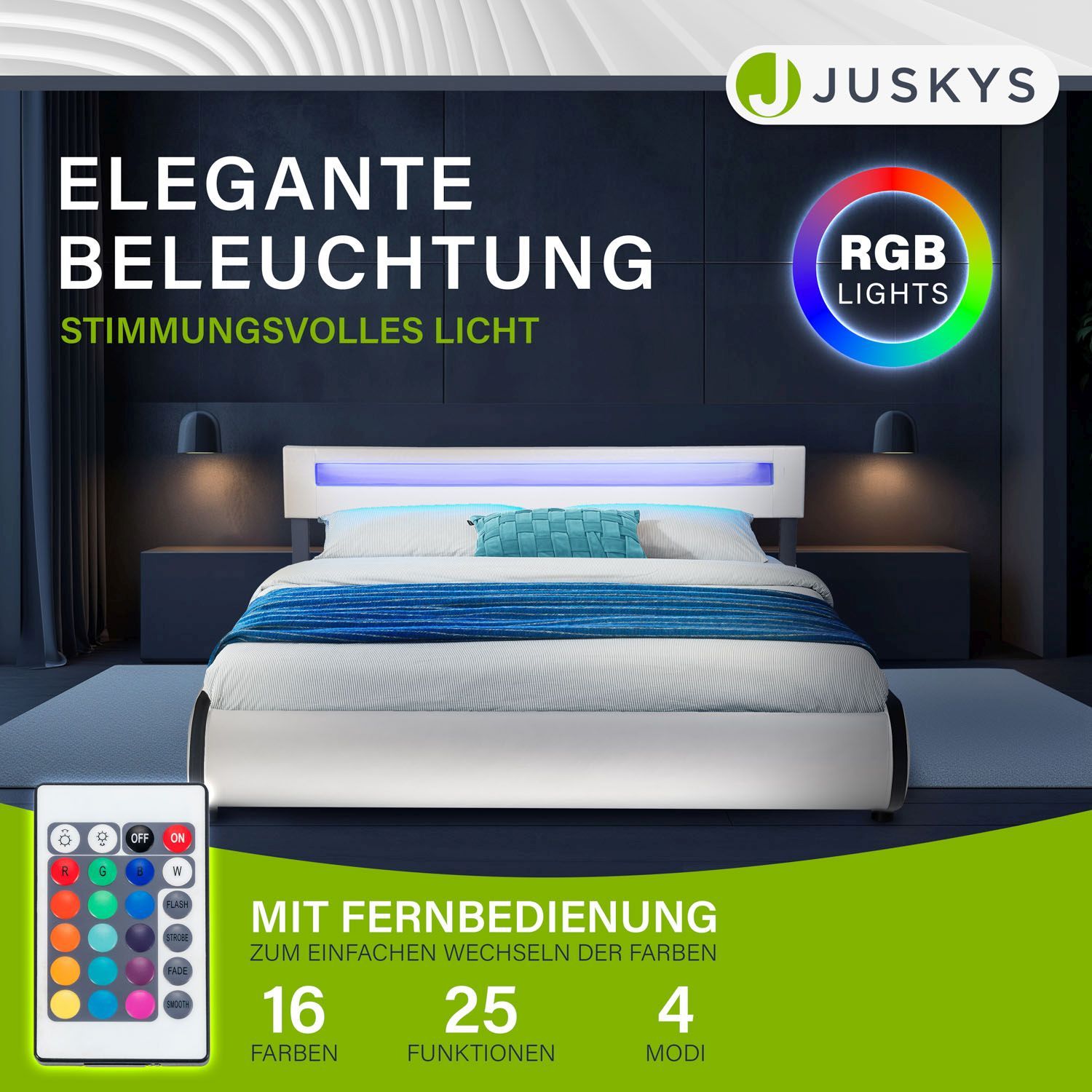 Juskys Polsterbett Sevilla 180 x 200 cm weiß Doppelbett Ehebett mit Kaltschaummatratze
