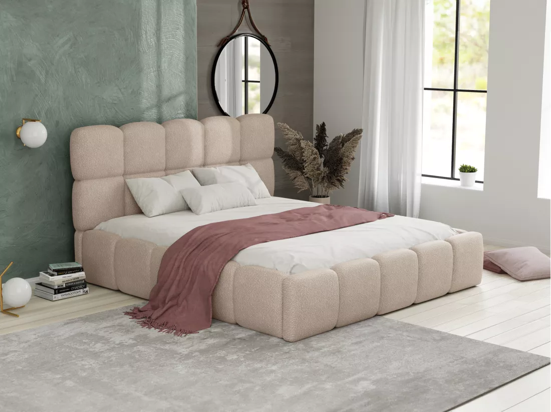 Lit coffre 200 x 200 cm - Tissu bouclette - Beige + Matelas - DAMADO de Pascal Morabito