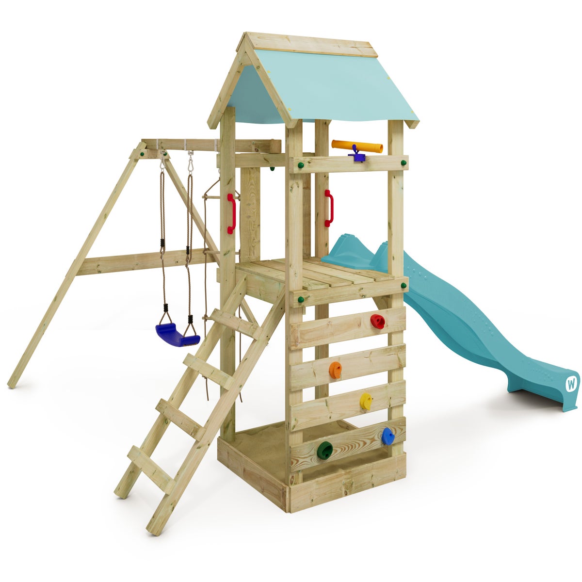 WICKEY FreeFlyer Speeltoren Klimrek met Schommel en Glijbaan, Klimtoren met Zandbak, Ladder en Speelaccessoires – Pastelblauw