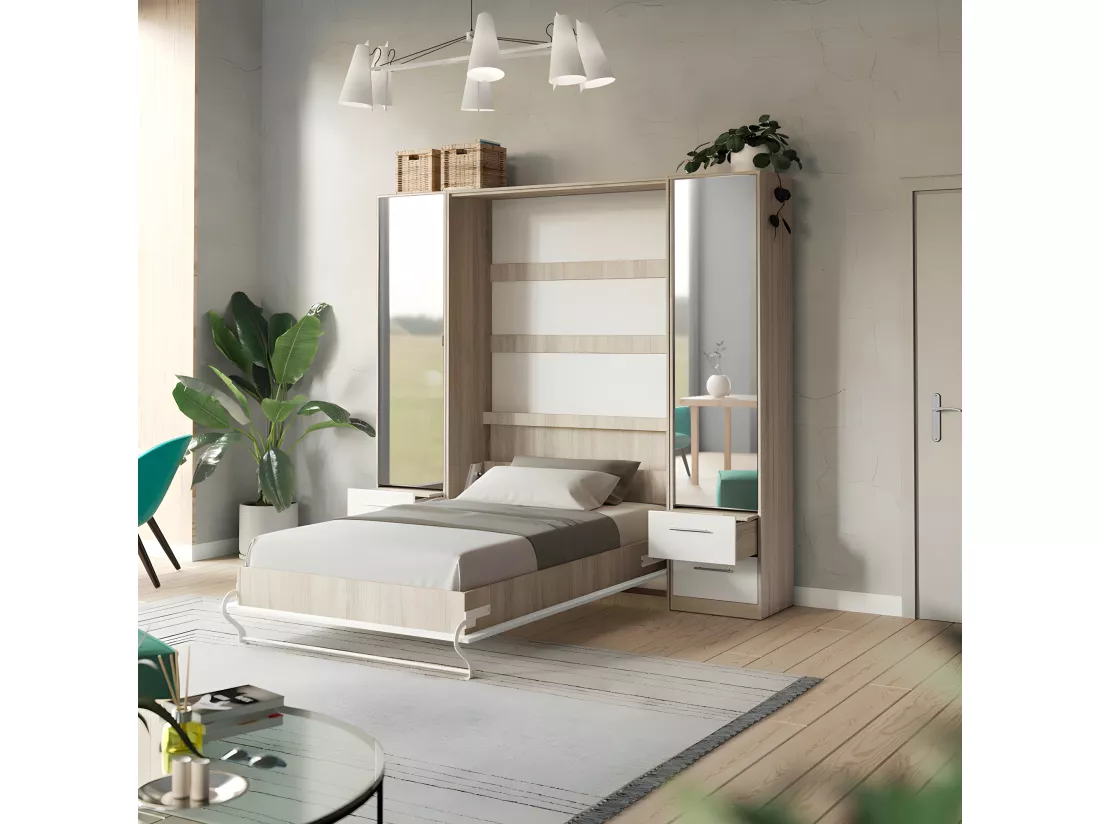 Lit escamotable +2 Placards Vertical 140x200+(50x2)cm Miroir Lit Supérieur Sonoma/Blanc brillant