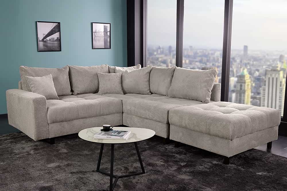Modernes Ecksofa KENT 220cm greige Cord inkl. Hocker Federkern L-Form Wohnlandschaft