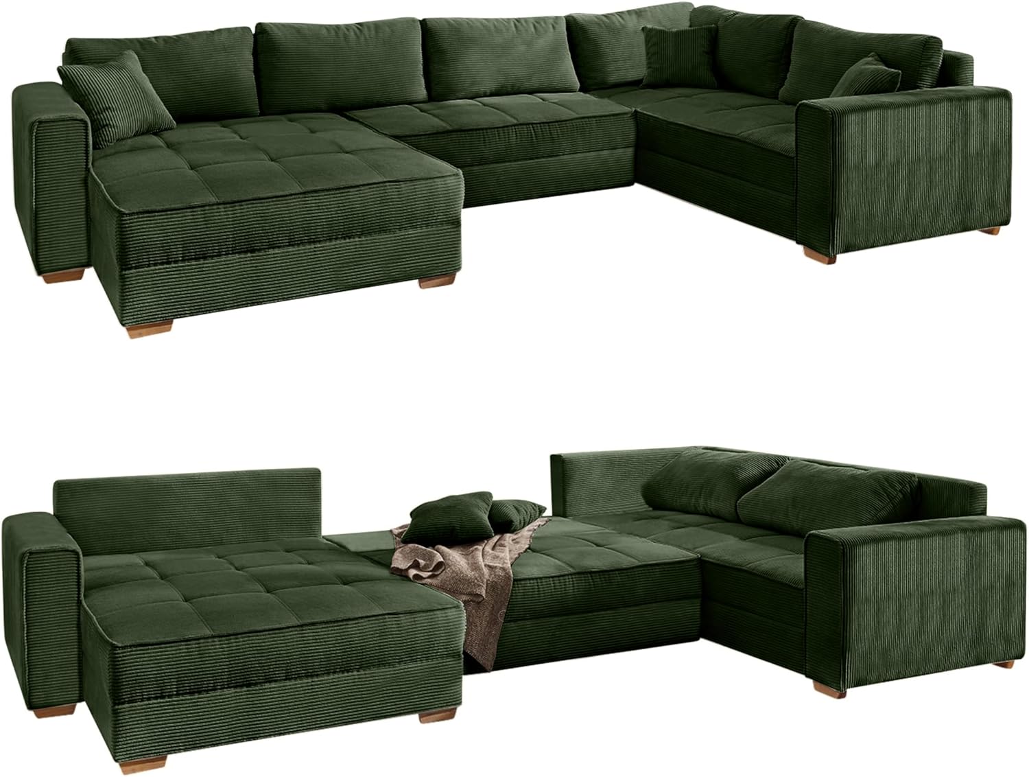 Modische Cord Wohnlandschaft U-Form B379/T227/H86 cm, Sofa mit Schlaffunktion und Bettkasten, Wellenunterfederung, seitenverkehrt montierbar, Bezug aus Cordstoff in Grün / 15199