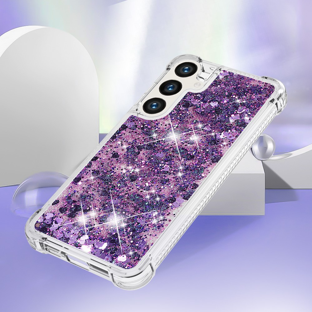 Samsung Galaxy S24 Hardcase Hülle mit Air Cushion Fallschutz Liquid Case Glitzer Herzen - Lila / Transparent