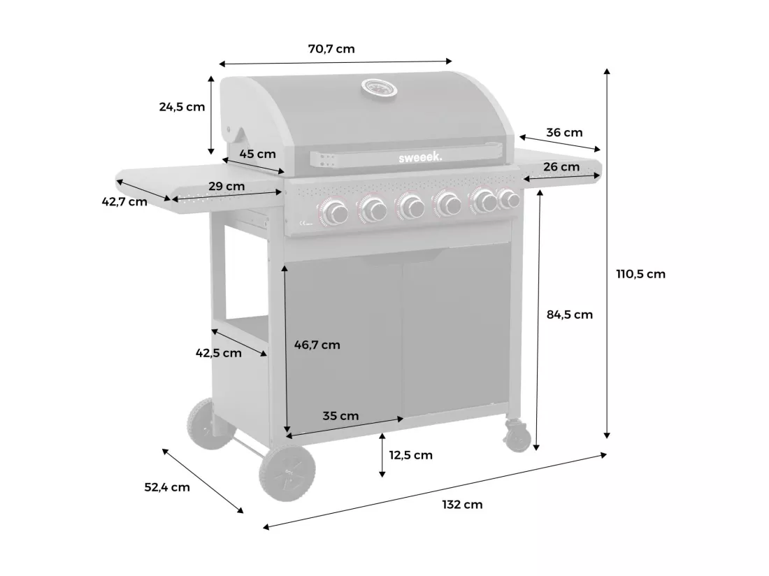Barbecue au gaz Edmond noir - 5 brûleurs + 1 feu latéral. avec thermomètre. L 132x P62 x H143 cm