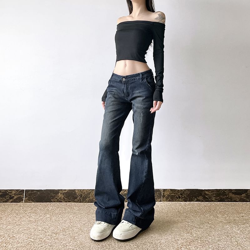 PolkaBella - Lage taille distressed gewassen bootcut jeans