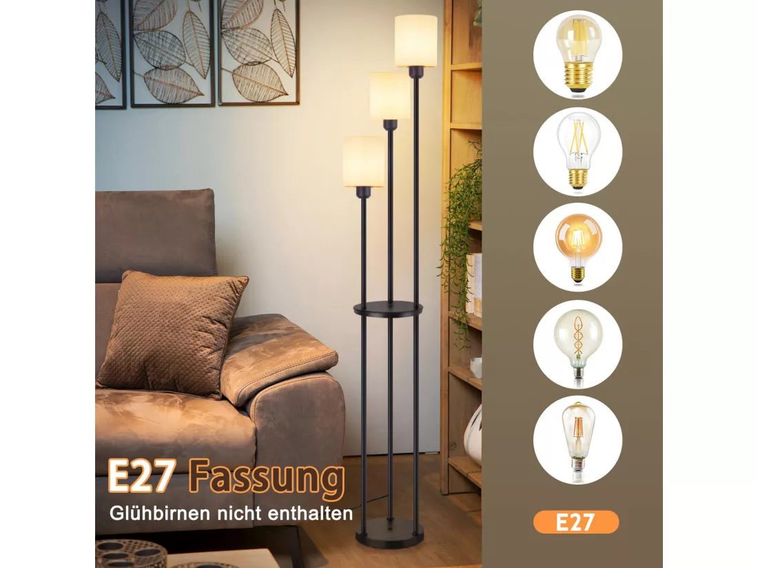 NETTLIFE Lampadaire salon E27 vintage blanc 3 lampes abat-jour tissu interrupteur au pied