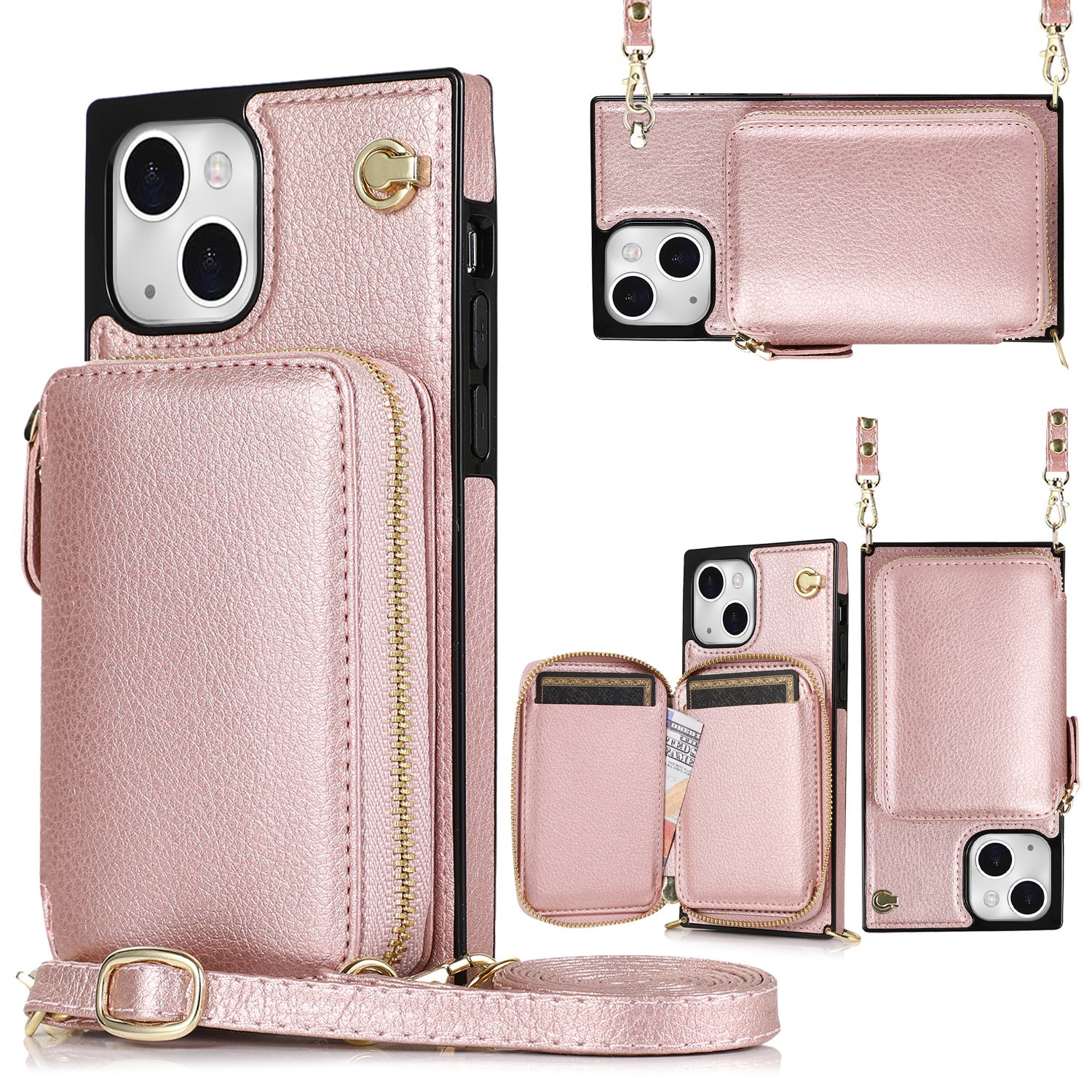 iPhone 13 Necklace Leder Schutz Hülle mit Kartenfächer   Handykette (140cm) - Roségold