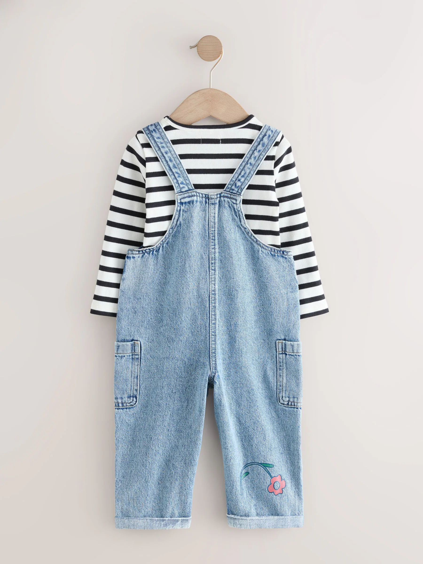 Middenblauw denim - Set van tuinbroek met dierenprint en gestreept T-shirt (3mnd-7jr)