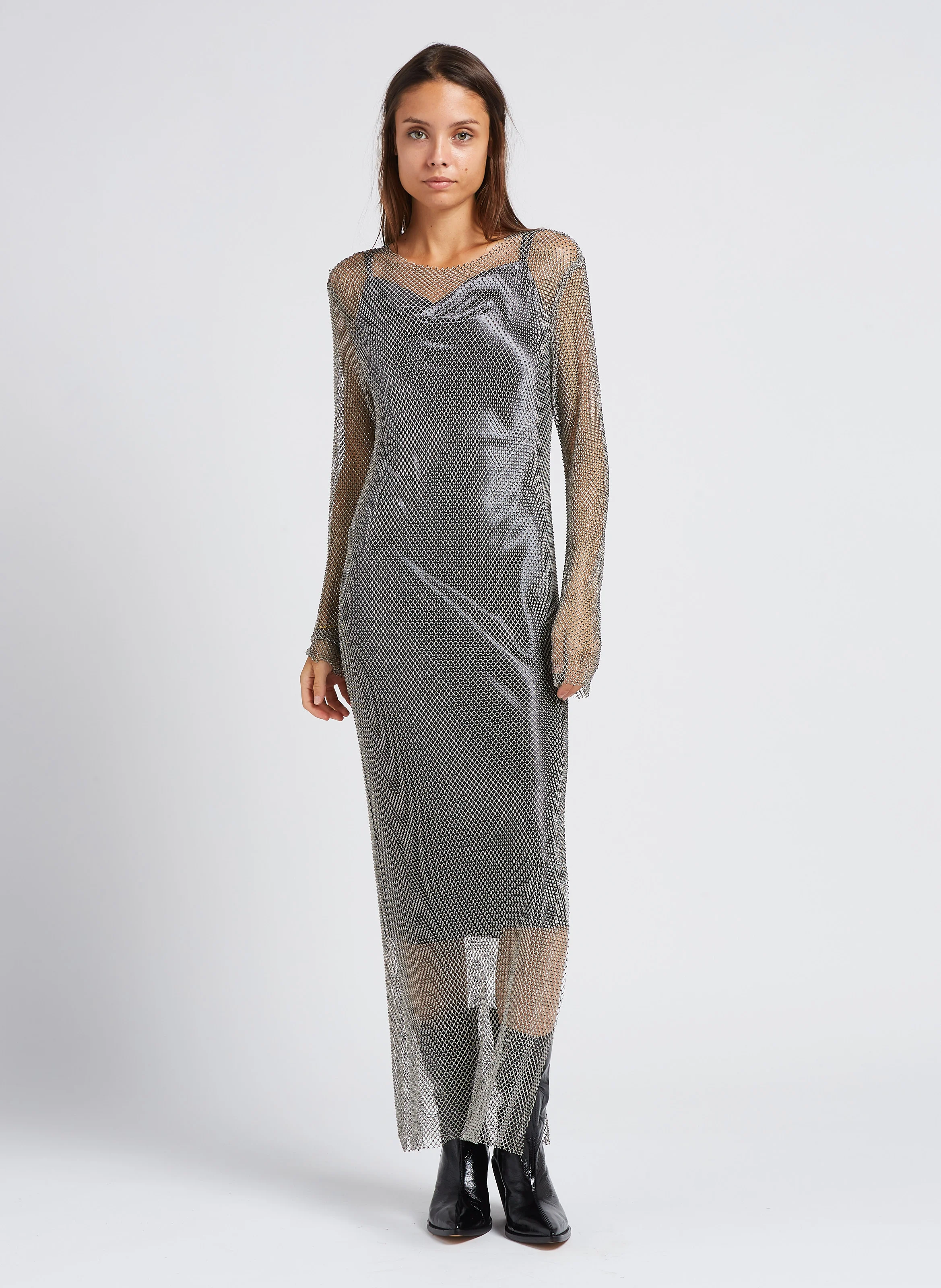 MAGDA - Robe longue col bateau à strass| Gris
