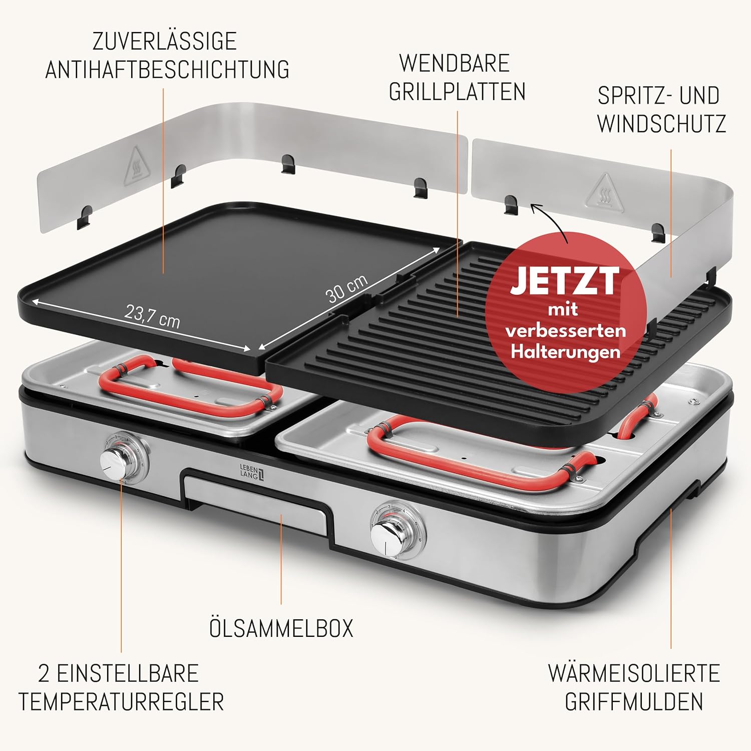 LEBENLANG Elektrogrill Tischgrill elektrisch - Inkl. Grillzange & Spritzschutz I 2400W Für Drinnen & Draußen I Gril Elektro Grill für Balkon Tisch I Elektrischer Plattengrill Indoor Grills Indoorgrill
