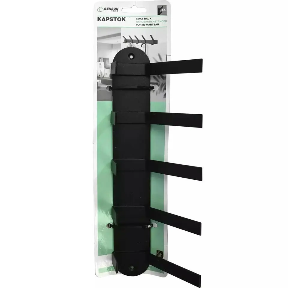 Benson Kapstok - zwart - metaal - 5 haken - wandkapstok - 30 cm