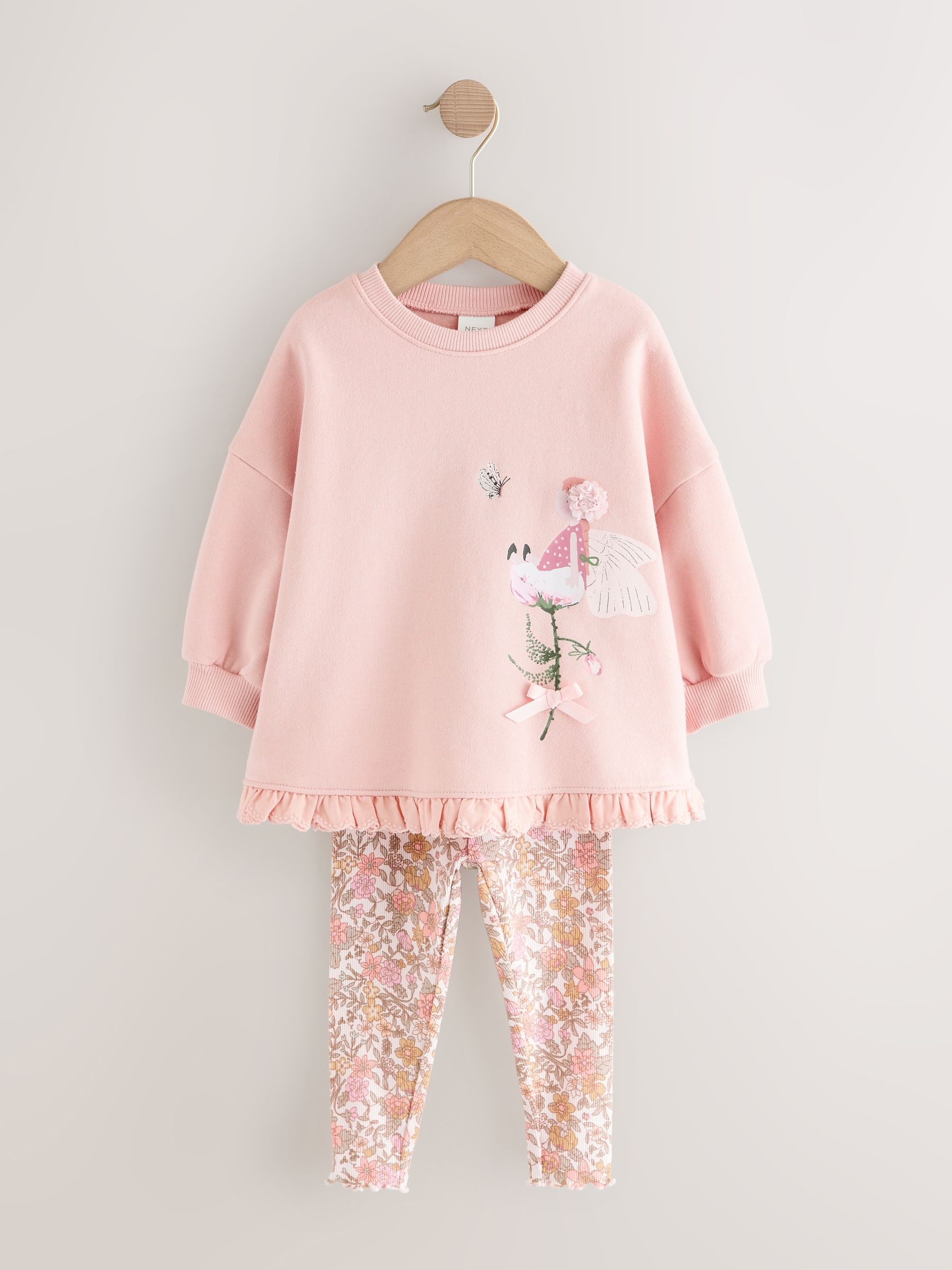 Roze bloemenfee - Set met sweatshirt en legging met ruches aan de zoom (3mnd-7jr)