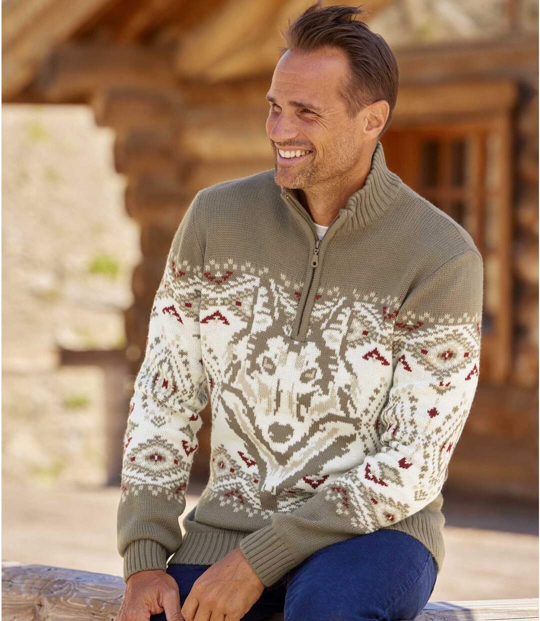 Pull Camionneur Jacquard Motif Loup