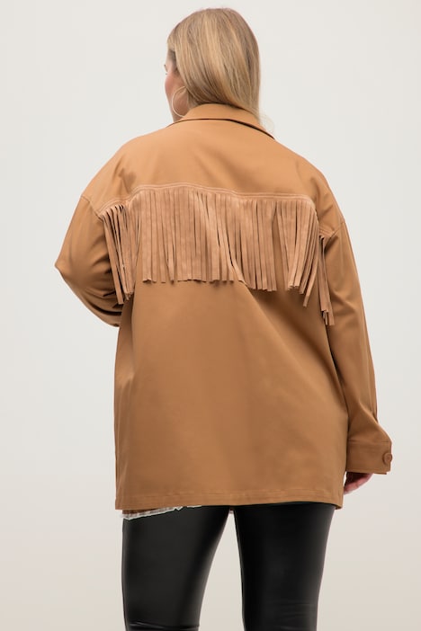 Hemdjacke, oversized, Langarm, Taschen, Fransen
