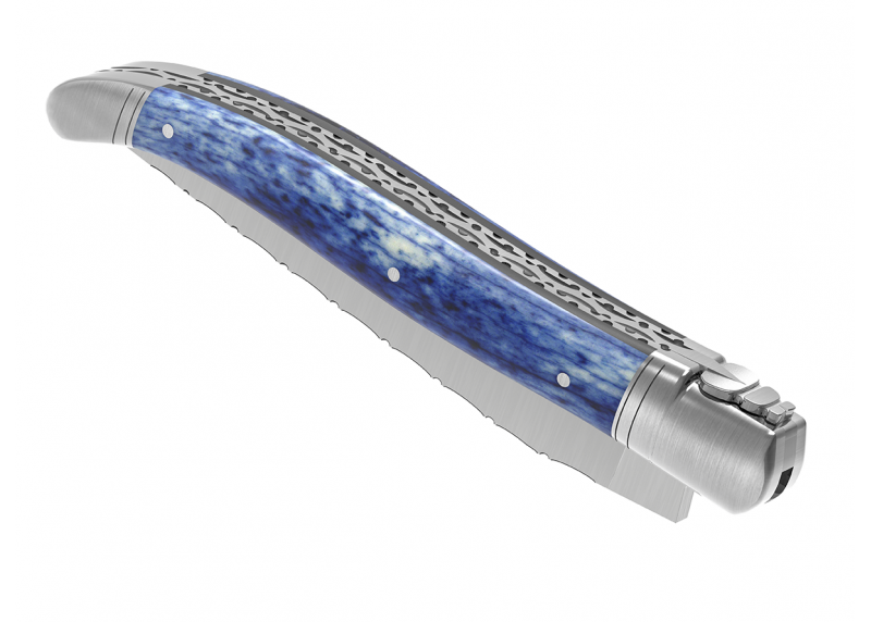 Couteau Laguiole prestige avec un manche en os de girafe teinte bleu et mitres en acier inoxydable