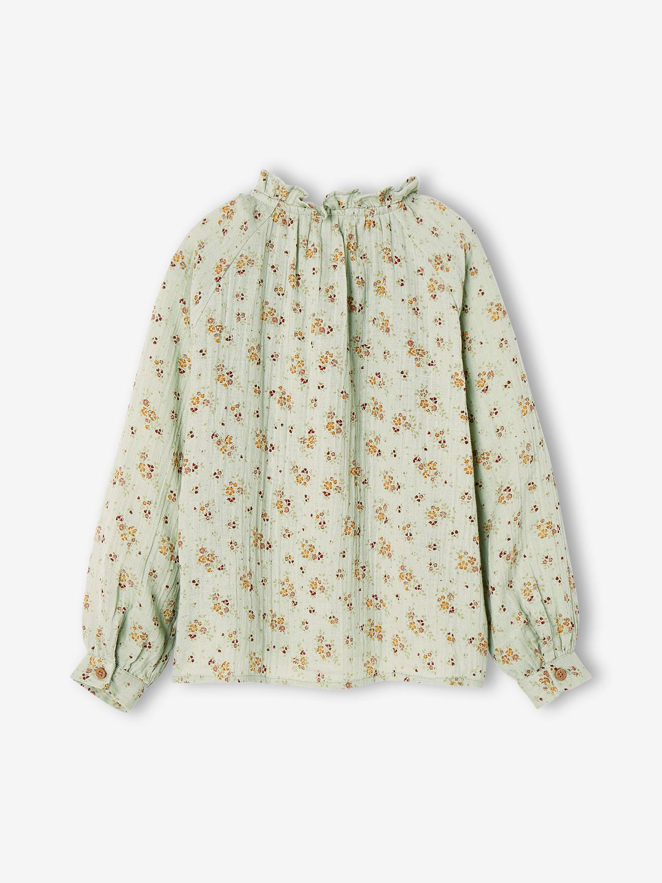 Blusa infantil de chiffon de algodão com babados e estampa floral, cor terracota personalizável.