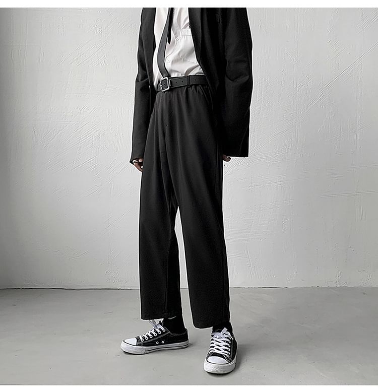 Sinlarity - Mid Rise Plain Cropped Straight Leg Dress Pants