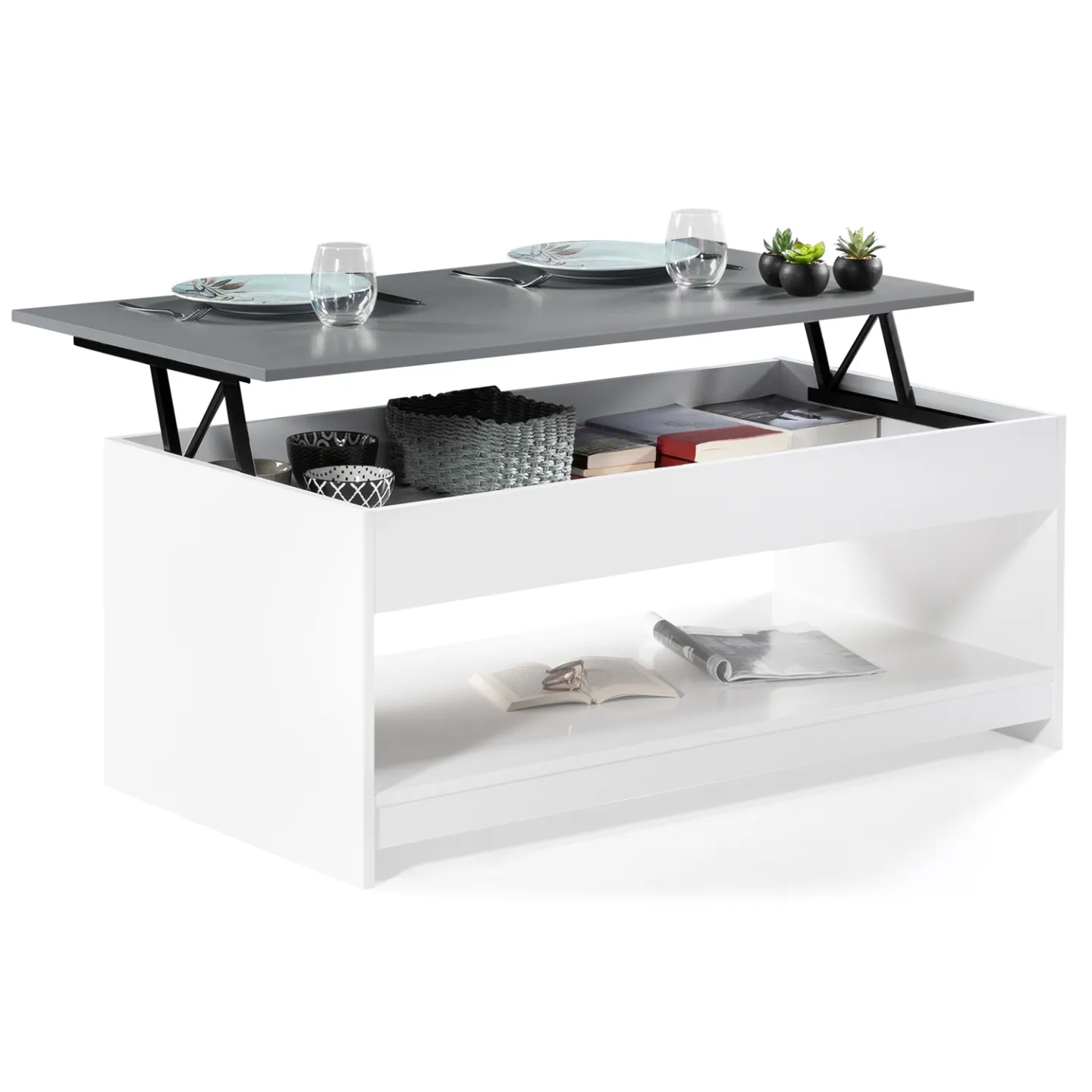 Table basse plateau relevable rectangulaire SOA bois blanc plateau gris