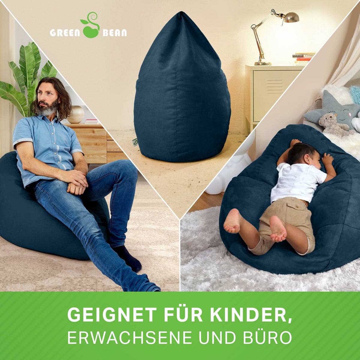 Green Bean Zitzak met rugleuning 60x60x90cm - Binnenzitkussen 220L vulling, comfortabel, wasbaar - Zitzak vloerkussen, loungestoel, voetenbank - donkerblauw