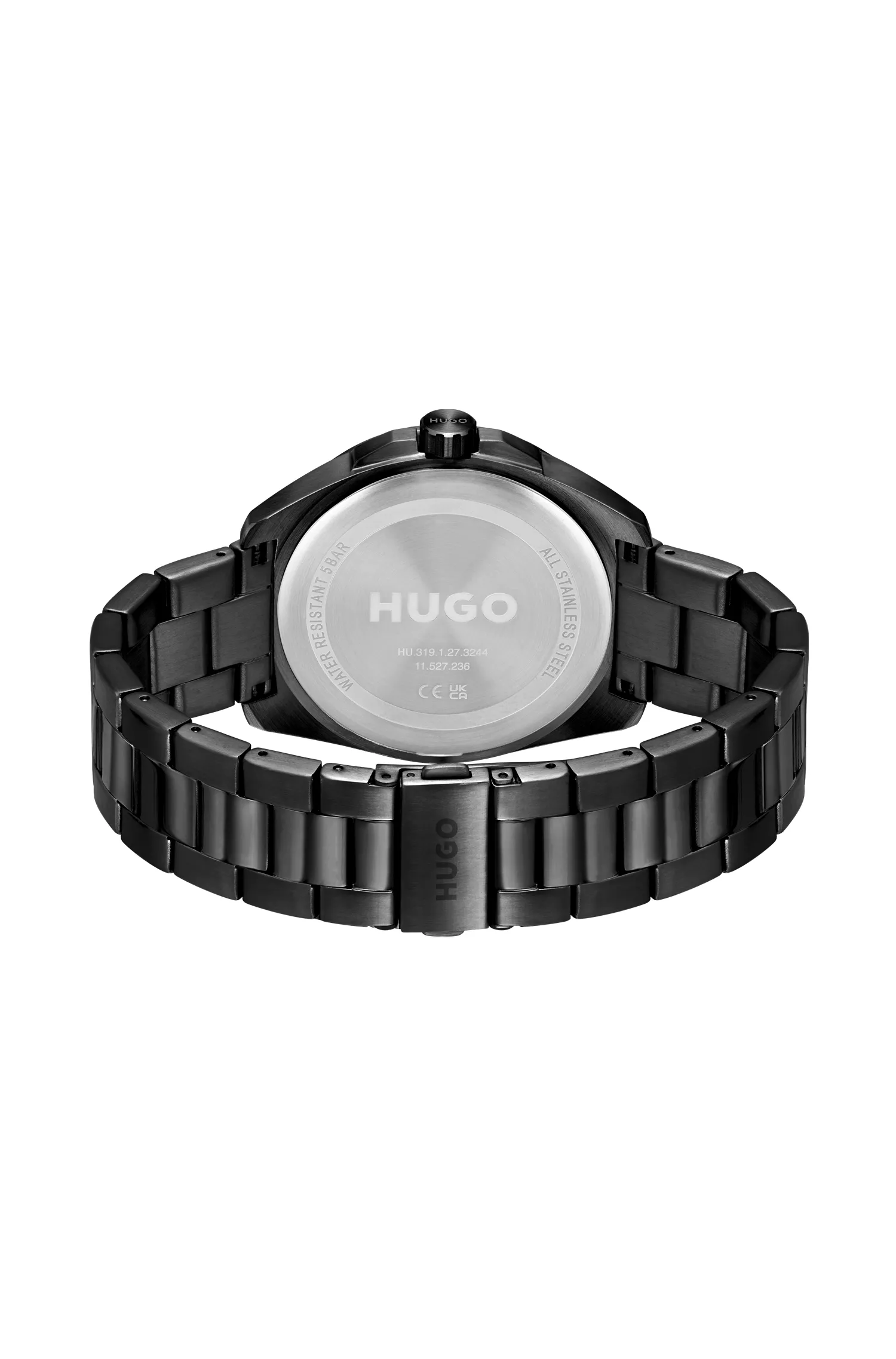 Relógio HUGO Red-Angular com revestimento preto e pulseira de elos.