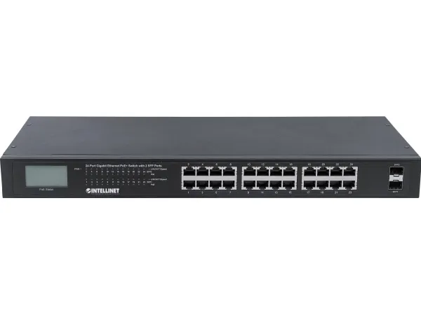 Intellinet 561242, Ikke administreret, Gigabit Ethernet (10/100/1000), Fuld duplex, Strøm over Ethernet (PoE), Stativ-montering, 1U