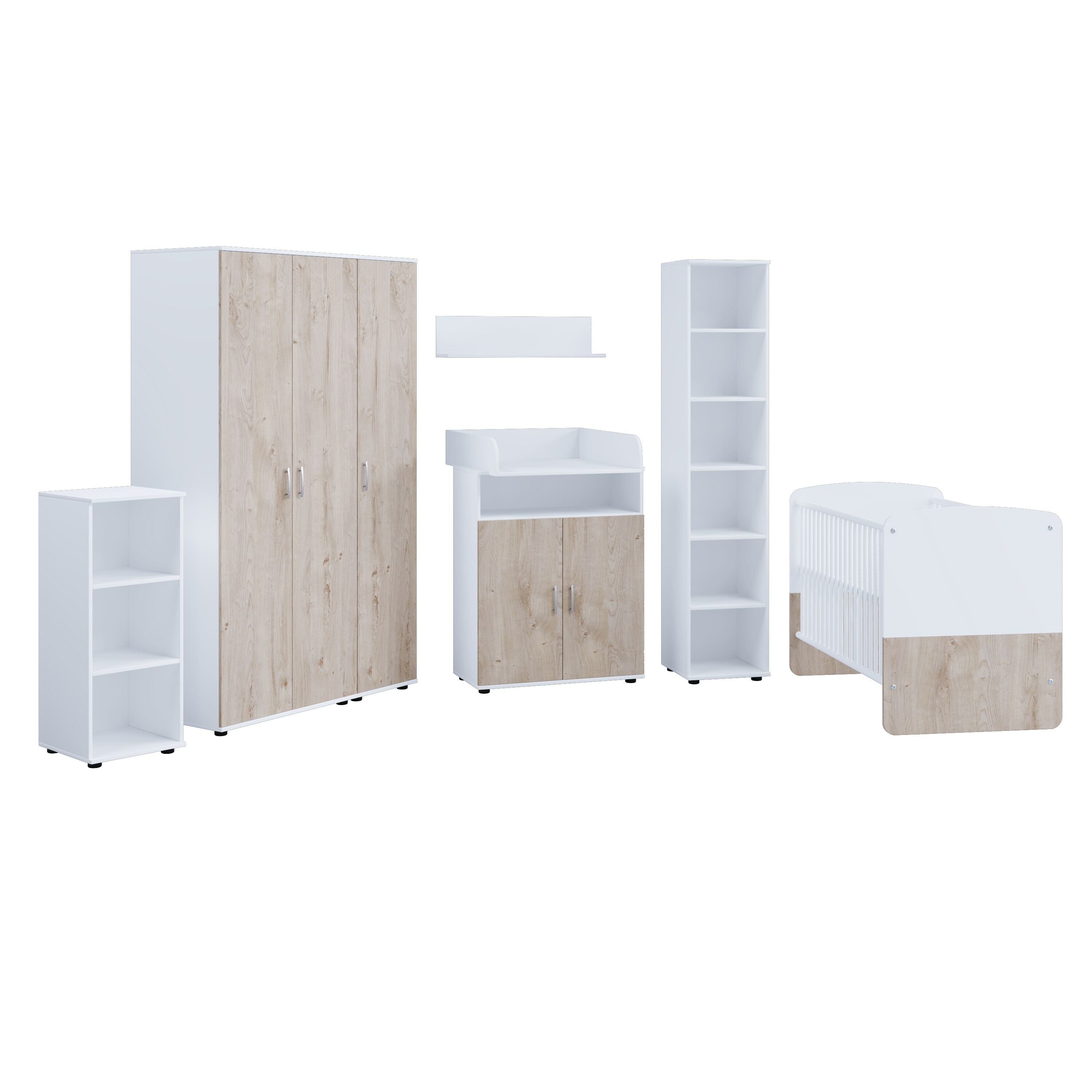nonjoo. Babyzimmer Hanna Set 10: best. aus Babybett, Kommode, Wickelaufsatz, Wandboard, Regal mit 3 Fächern, Regal mit 6 Fächern und Kleiderschrank 3-trg.