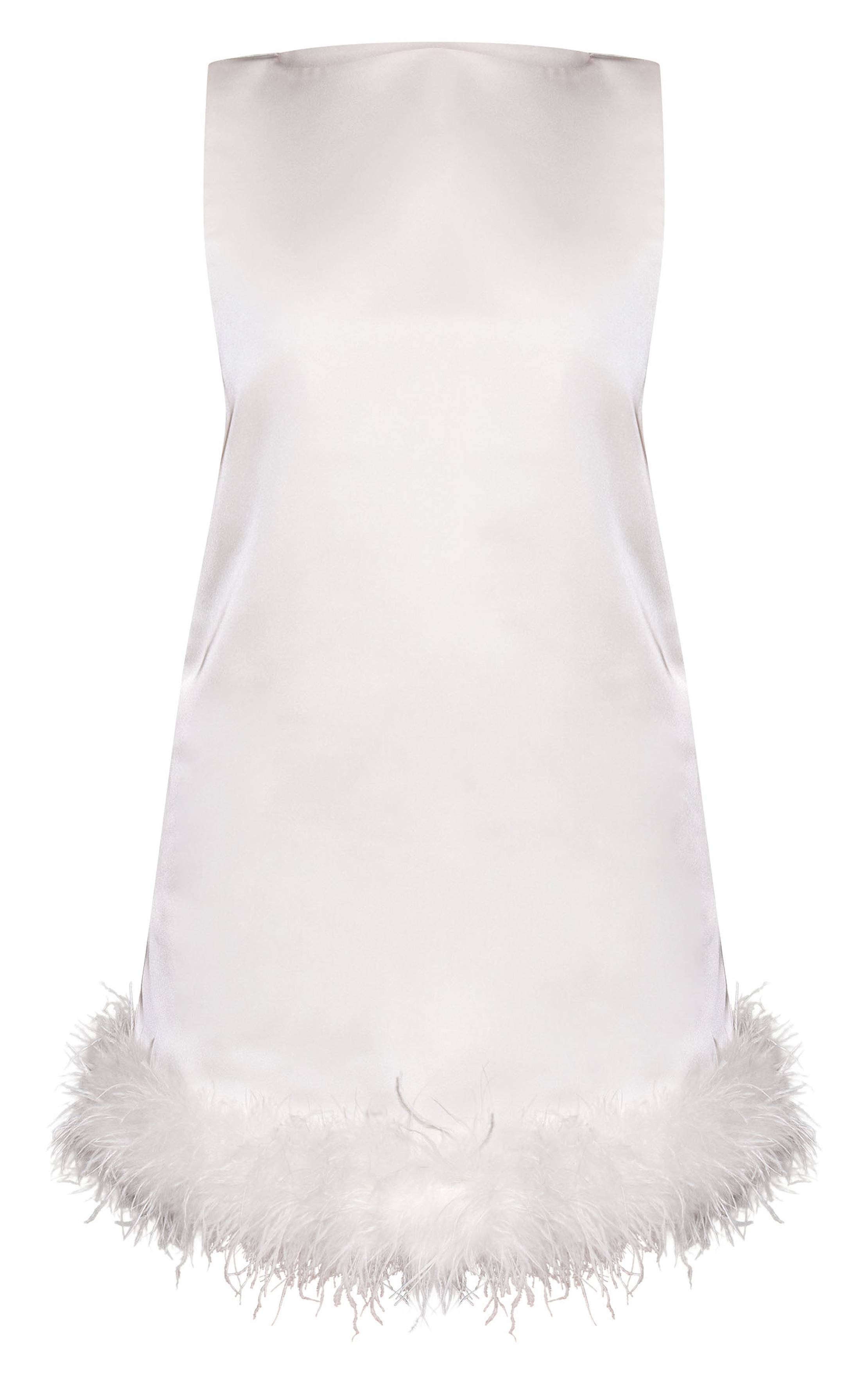 Blanc Robe Droite Tissée À Ourlet Plumes