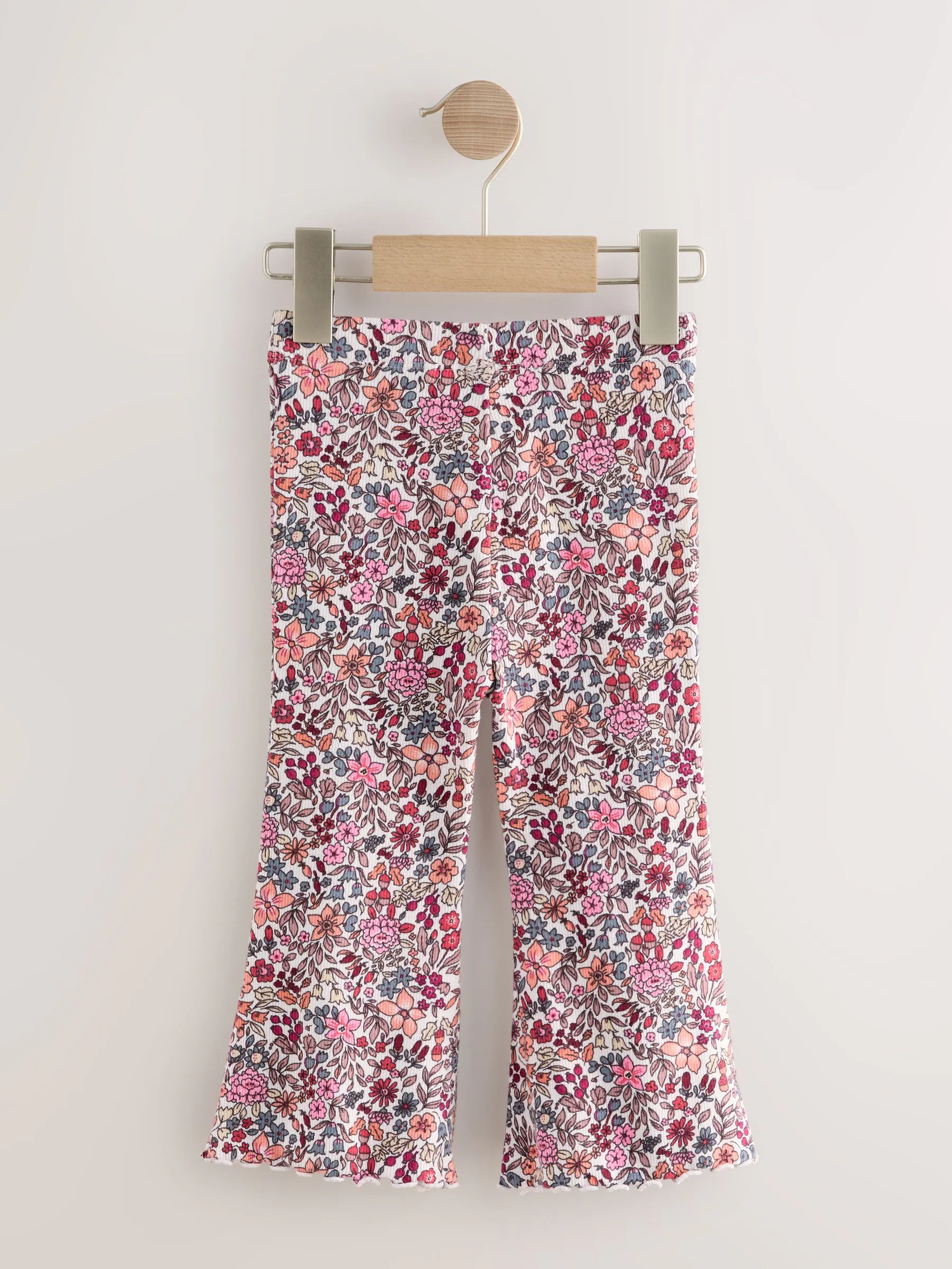 Ecru met fijne bloemenprint - Geribbelde flare legging (3 mnd-7 jr)