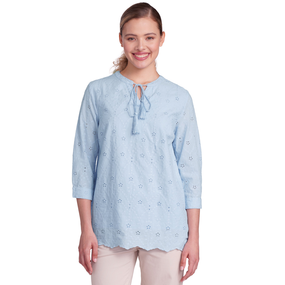 Gina Damen Bluse mit Lochstickerei hellblau