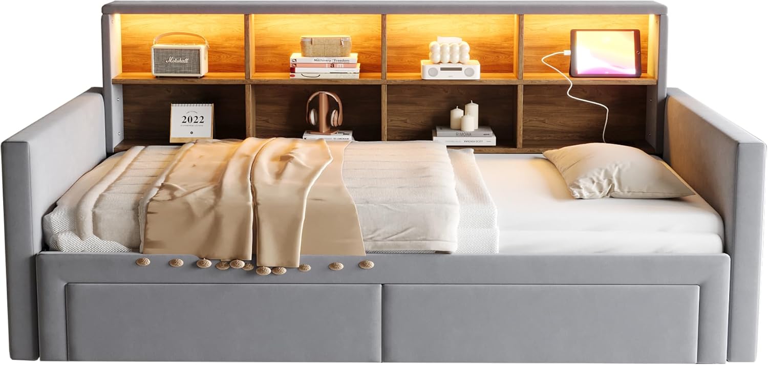 Ausziehbares Polsterbett Schlafsofa 90/180 x190cm, Kopfteil mit integrierten Staufächern, LED-Lichtleiste und Ladesteckdosen, Mit Zwei Schubladen und Lattenrost, Samtstoff Dunkelgrau