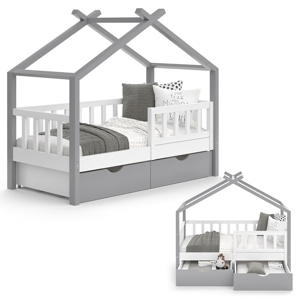 VitaliSpa Kinderbett Hausbett Einzelbett Design Weiß Grau modern 70x140 cm Kinderzimmer Bett Massivholz Lattenrost Schublade Rausfallschutz Schubladenbett