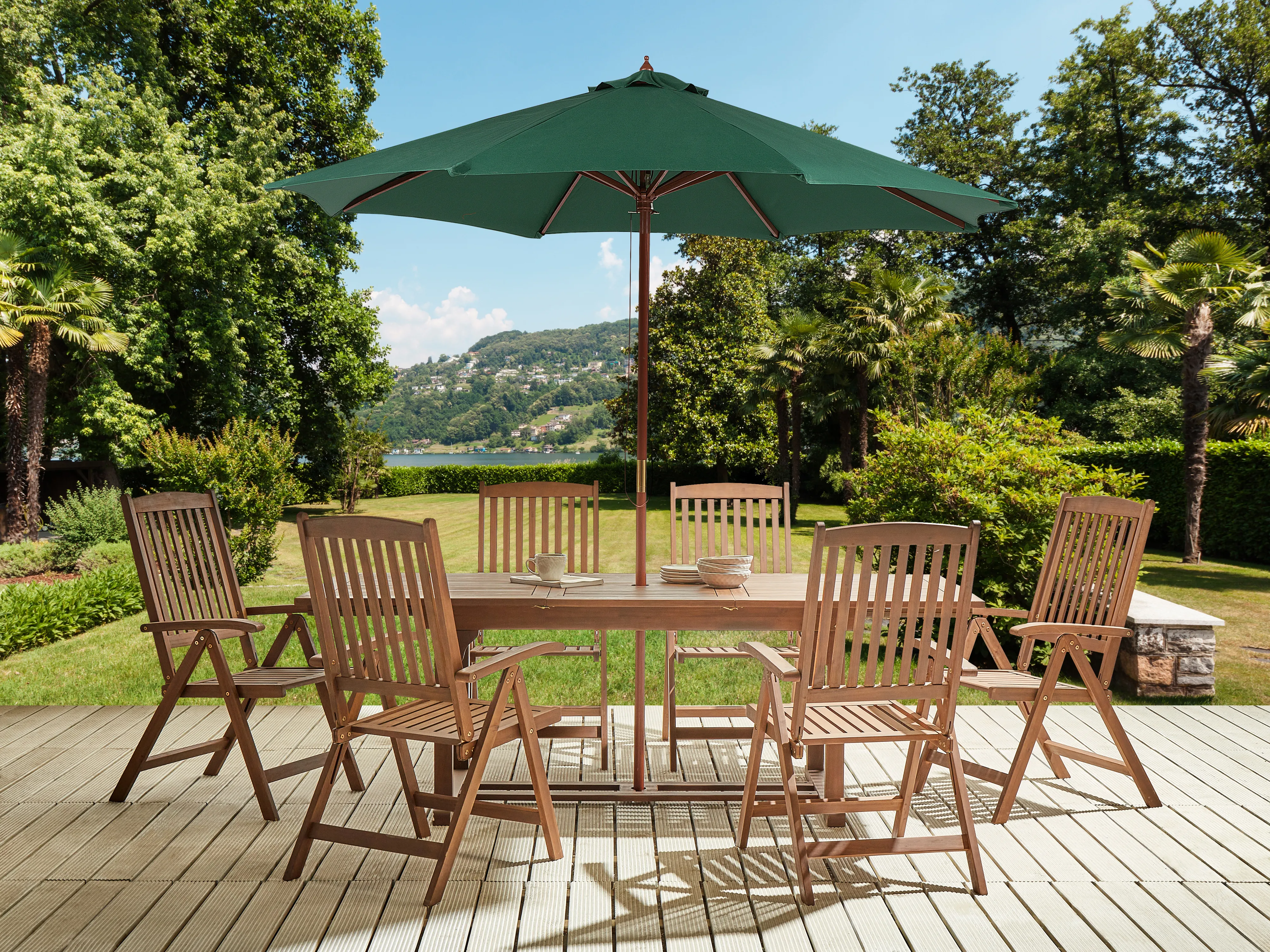 Tuinset 6-zits AMANTEA met parasol Acaciahout Groen