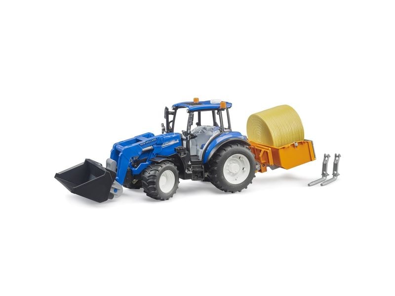 Bruder Spielwaren Track Builder New Holland T5.120 mit FL Spielzeug-Traktor mit Frontlader, Ladekran und Gabelzinken