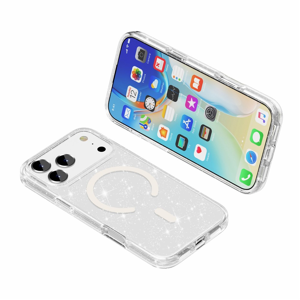 iPhone 17 Pro MagSafe Hybrid Hardcase Schutzhülle im Glitzer Design - Silber / Transparent