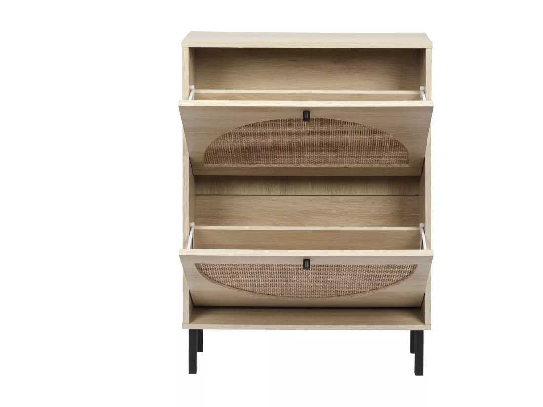 Meuble à Chaussures en Rattan Naturel, 2 Portes, Design Symétrique en Demi-Cercle, Étagères à Double Niveau, Stable et Sécurisé pour Toutes Pièces