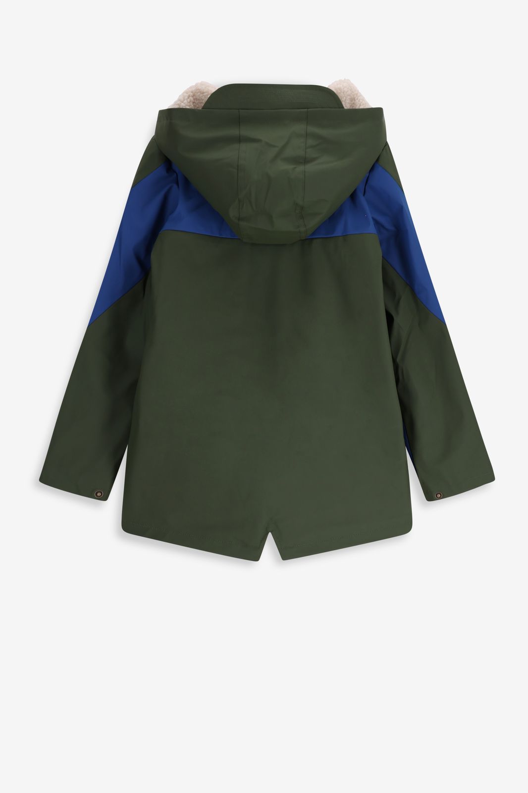 Donkergroene lange regenjas met colourblock