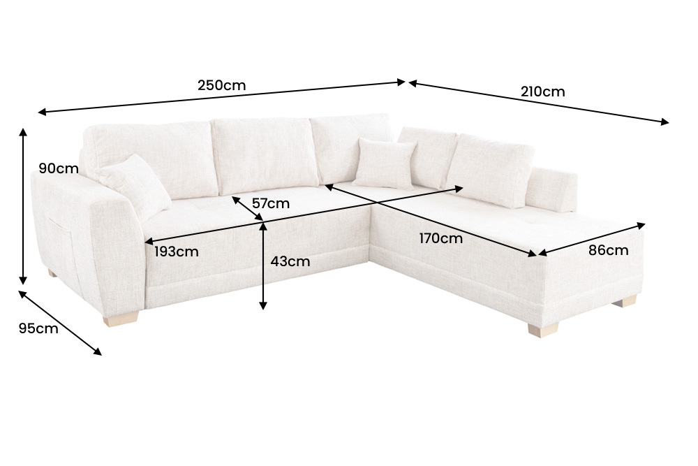 Modernes Ecksofa NORWAY 250cm beige Chenille Schlafsofa mit Stauraum inkl. Kissen
