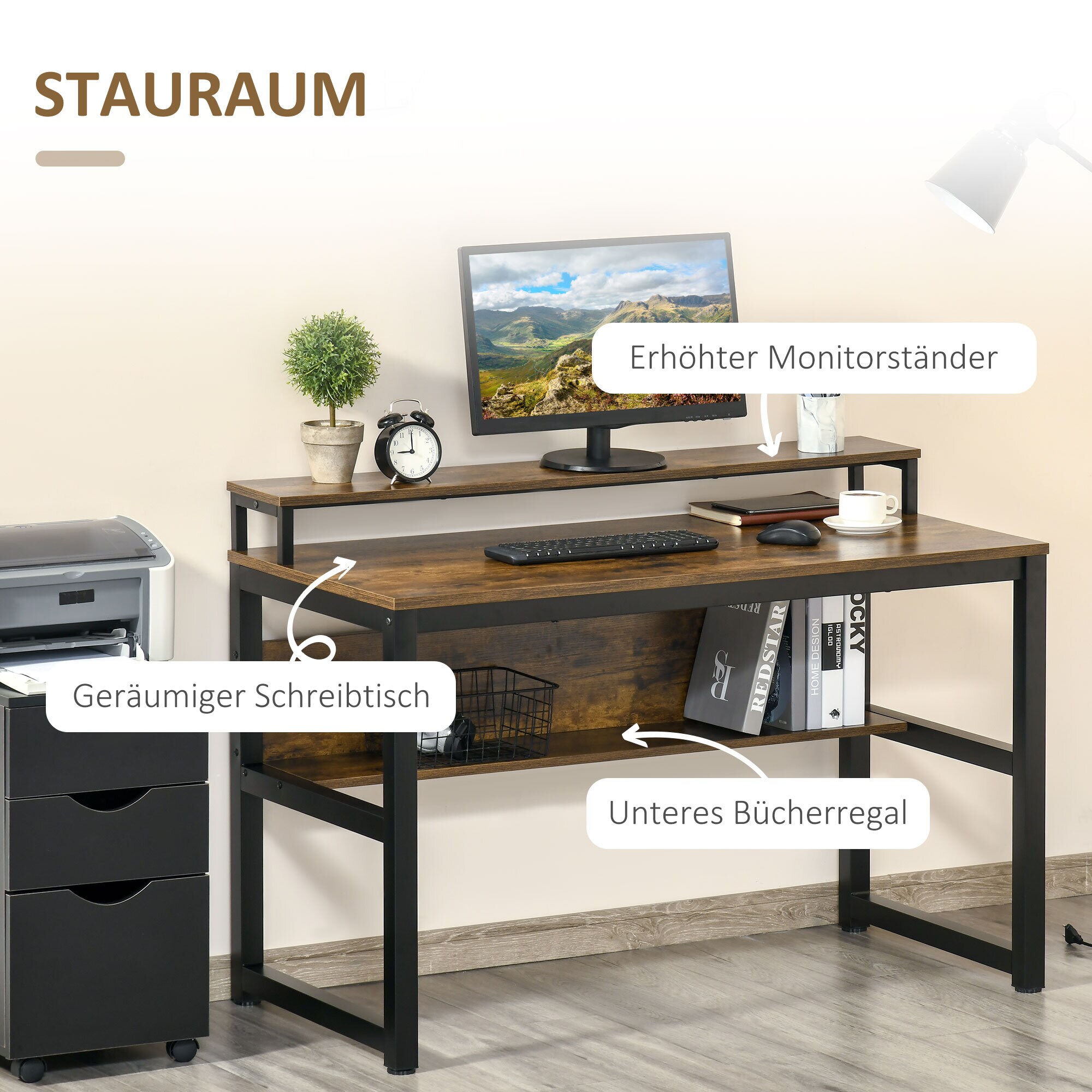 HOMCOM Schreibtisch mit erhöhtem Monitorständer bunt 120L x 60B x 85H cm