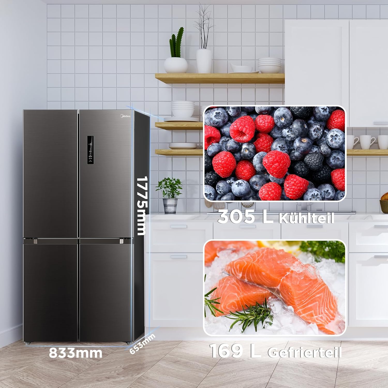 Midea MDRF632FIE28 Multi Door Kühl-/Gefrierkombination/ 177,5cm Höhe /83,3cm Breit/65,3cm Tiefe/NoFrost/295 kWh/Jahr /305L Kühlteil/169L Gefrierteil/Plasma Pure/Inverter Compressor/Vario Box