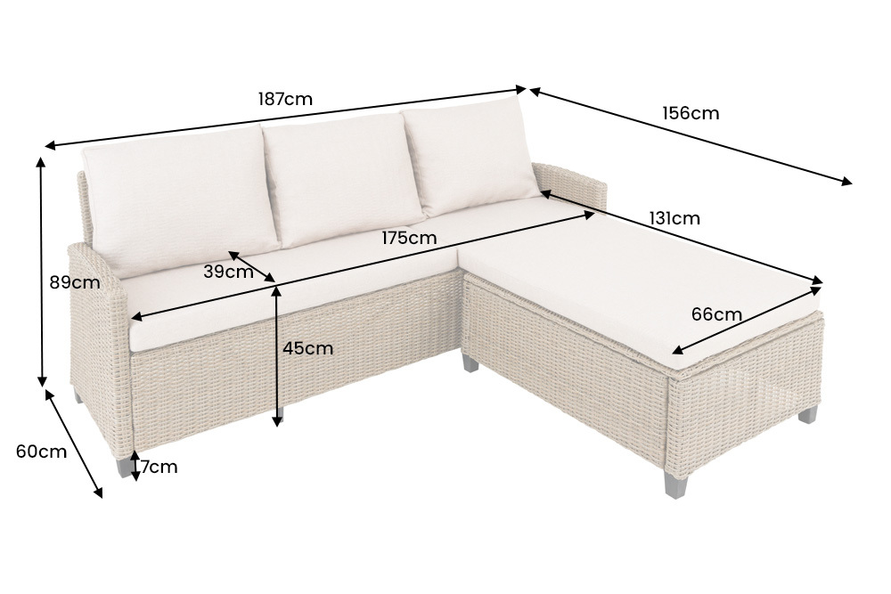 Outdoor Garten-Lounge MONACO 190cm natur Polyrattan Sitzecke inkl. Kissen wetterfest