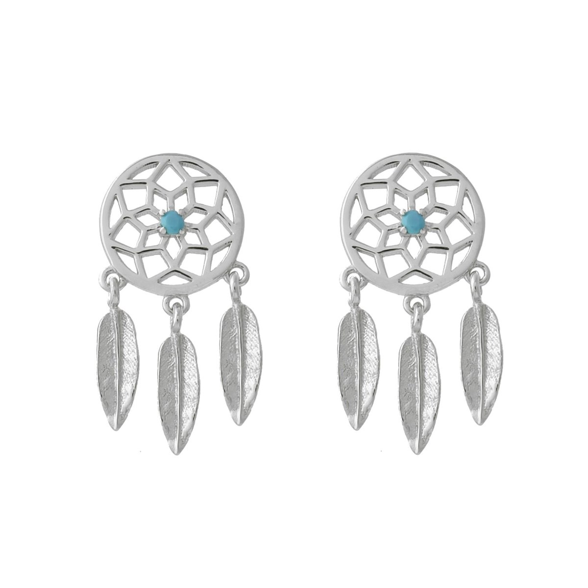 Boucles d'oreilles attrape-rêves perle bleu turquoise Argent 925 Rhodié