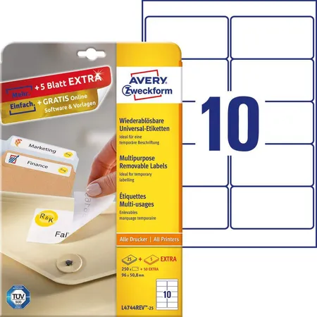 Avery Zweckform L4744REV-25 Universal-Etiketten,A4 96 x 50,8 mm, 30 Bogen/300 Etiketten, weiß