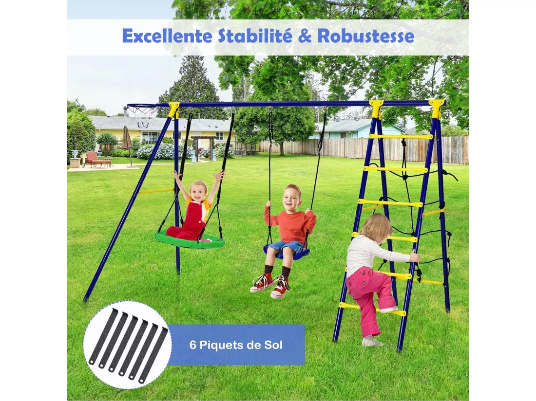 5 en 1 Balançoire Enfants Extérieur avec Panier de Basket, Balançoire Nid d'Oiseau Ø66 cm et en U avec Hauteur Réglable, Filet & Echelle d’Escalade, Charge 75kg pour 3-12 Ans