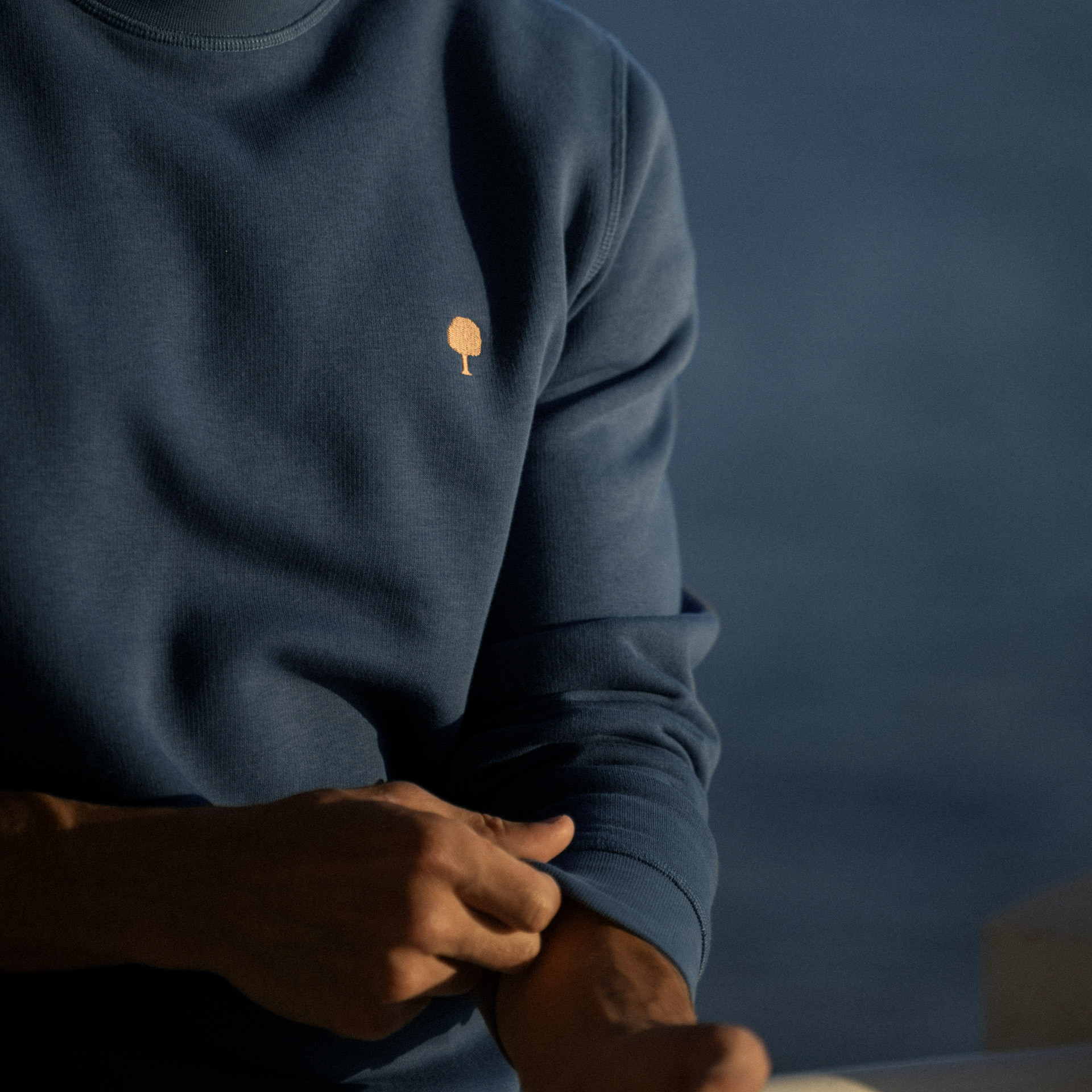 Sweat bleu broderie arbre coton et coton recyclé - modèle donzy