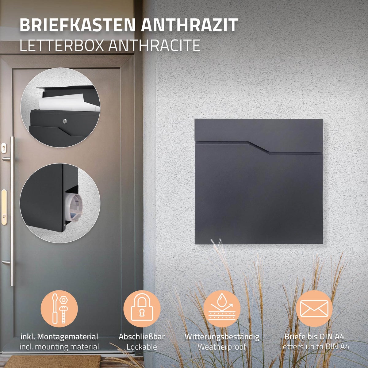 ECD Germany vrijstaande brievenbus met krantenvak, design brievenbus met post, brievenbussysteem, brievenbusstandaard antraciet 120cm roestvrij staal, brievenbus antraciet 37x37cm gepoedercoat roestvrij staal