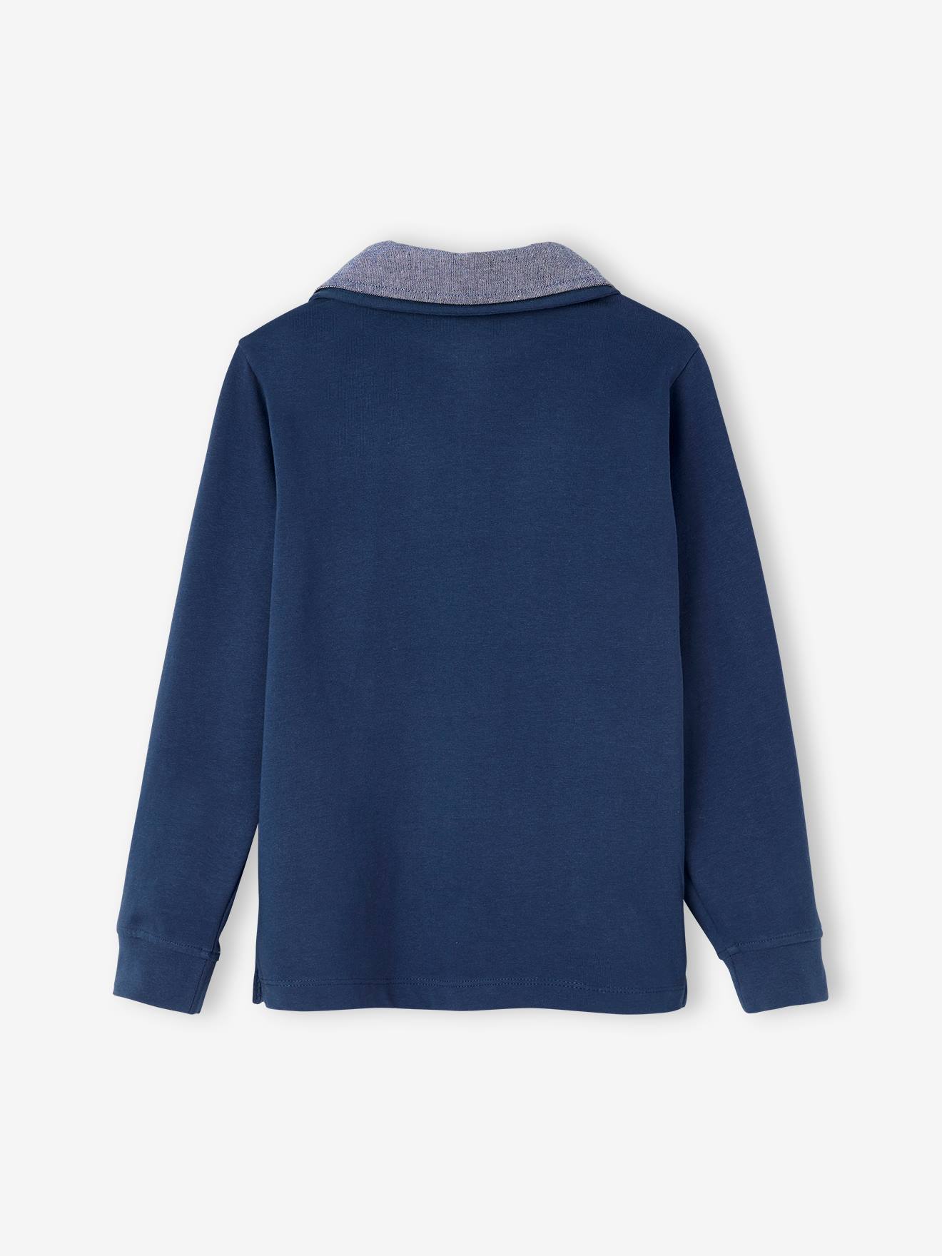 Camisa polo com emblema e gola chambray, camisa lisa azul-marinho infantil com estampas.