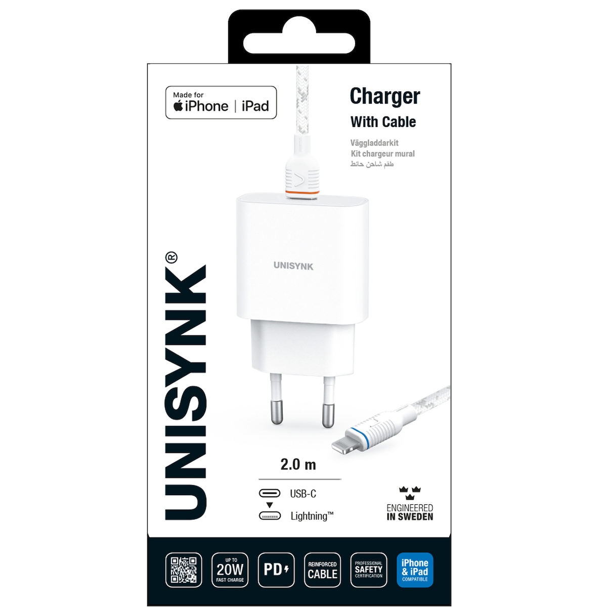 Unisynk 20W Lightning Slim sett for vegglading (hvit)