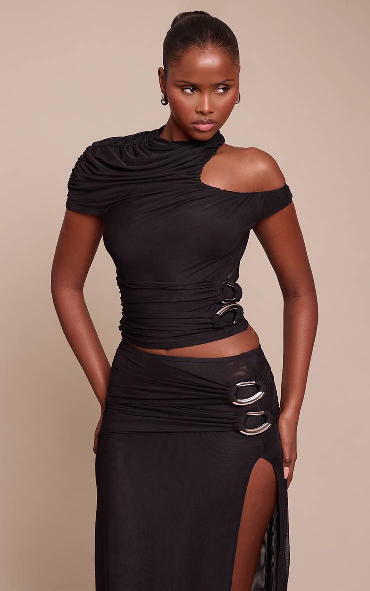 Noir Top En Maille Double Couche Avec Détails Froncés Et Bordures